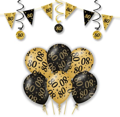 LUQ – Statement Set 80 Jaar – Zwart-Goud – Verjaardag Party Feestpakket Decoraties – Luxe Ballonnen-Slingers-Vlaggenlijn
