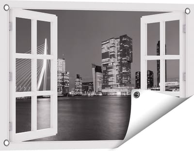 Gards Tuinposter Doorkijk Rotterdamse Skyline - Zwart Wit - 60x40 cm - Tuindoek - Tuindecoratie - Wanddecoratie buiten - Tuinschilderij