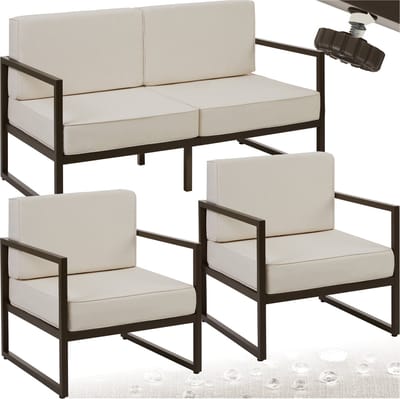 tectake® - Tuin-loungeset Comosa - Voor 4 personen - Tuinset - Loungebank en twee tuin fauteuils - Waterafstotende en ultradikke zit-en rugkussens - Draagkracht 120kg per zitplaats - Bruin/beige