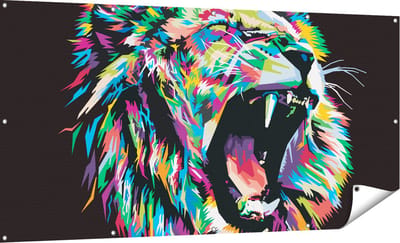 Gards Tuinposter Gekleurde Leeuw - Leeuwenkop - Abstract - 180x90 cm - Tuindoek - Tuindecoratie - Wanddecoratie buiten - Tuinschilderij