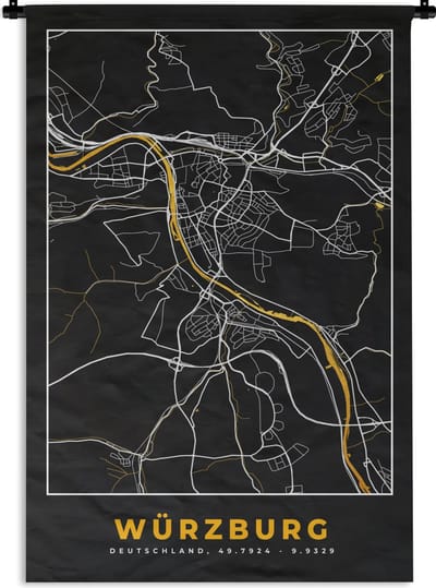 Wandkleed - Wanddoek - Stadskaart – Plattegrond – Duitsland – Goud – Würzburg – Kaart - 120x180 cm - Wandtapijt