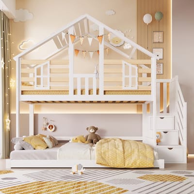 VVBV Kinderstapelbed Huisbed 90x200 cm + 140x200 cm - Planken, Trap/Ladder, Huisdesign - Wit/Naturel - Zonder Matras