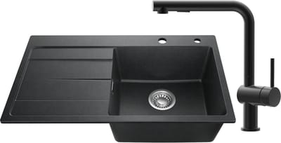 SOFETIY MAX Granieten Spoelbak 78x45CM - Spoelbakken Keuken Met L-uitloop Keukenkraan - Spoelbak Met Planchet en Afdruiprek - Spoelbakken Incl. Sifon en Afvoerzeefje - Zwart