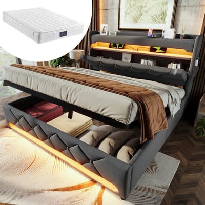 DESMIU Gestoffeerd Bed 140x200 cm – Hoofdbord met Usb en Type C – 360 Graden Led – Hydraulische Opbergruimte – Linnen – Grijs – Met Matras