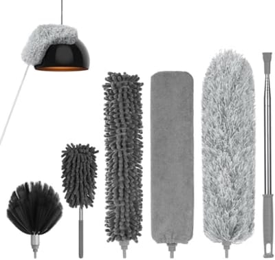 8-delige microvezel stofdoek set met telescopische steel, chenille duster en spinnenweb borstel voor grondige reiniging