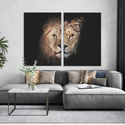Modern Schilderij Woonkamer - Schilderij op Dibond - Leeuw en Leeuwin Duo - tweeluik 40 x 60 cm - PosterGuru