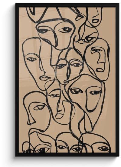 Poster in lijst - Fotolijst 60x90 cm - Posters - Gezichtenzee - Lijntekening - Abstract - Posterlijst zwart - Decoratie - Wanddecoratie woonkamer - Muurdecoratie slaapkamer