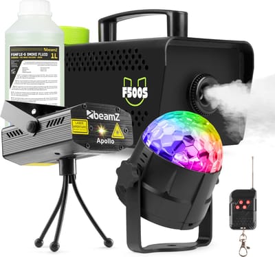 Partyset met F500 rookmachine - 1 liter rookvloeistof - discolamp en laser