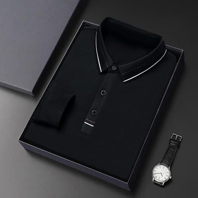 Kleding voor middelbare leeftijd vader Lange mouw poloshirt Herfst Nieuw Business Casual Heren Revers Los Gestreept T-shirt In Contrasterende Kleur XXXXL black