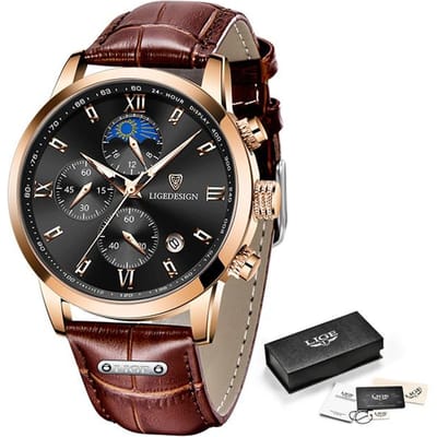 LUIK Nieuwe herenhorloges Zakelijk modehorloge Man Topmerk luxe lederen polshorloge Quartz chronograaf Sport waterdicht autodatumhorloge goud/zwart