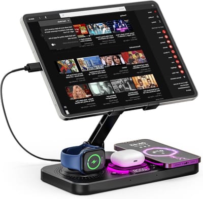 Draadloze Oplaadpad 4-in-1 met Verstelbare Tabletstandaard en LED Nachtlampje, Vouwbare Houder voor iPad en Smartphones van 4"-15.6