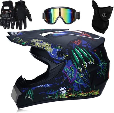 Motorhelm Set - Crosshelm Goggles Handschoenen - Offroad Rijden - 4 Delige Set - Maat L - Zwart