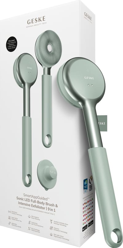 GESKE LED Sonic Full-Body Brush | 9 in 1 | Reinigingsborstel en exfoliator met led | Met SmartSonic-pulsaties | Dieptereiniging en massage | Ruwe huidverwijderaar | Verstelbare handgreep