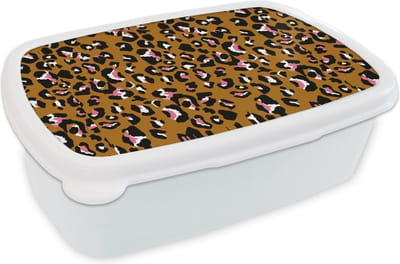 Broodtrommel Wit - Lunchbox Panter - Design - Roze - Bruin - Patronen - Brooddoos 18x12x6 cm - Brood lunch box - Broodtrommels voor kinderen en volwassenen
