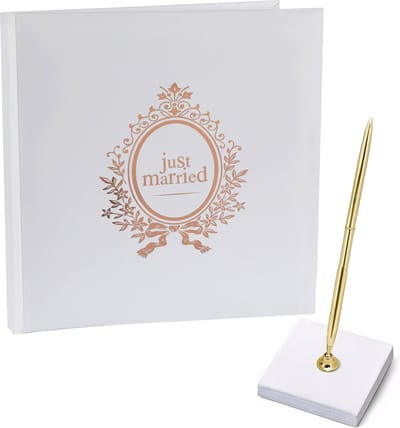Gastenboek/receptieboek met luxe pen in houder - Bruiloft - rose goud/wit - 24 x 24 cm