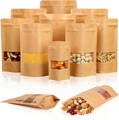 Set van 110 Herbruikbare Kraft Papieren Tassen met Venster, 9 x 14 cm, Ideaal voor Noten, Koffiebonen en Snoepgoed