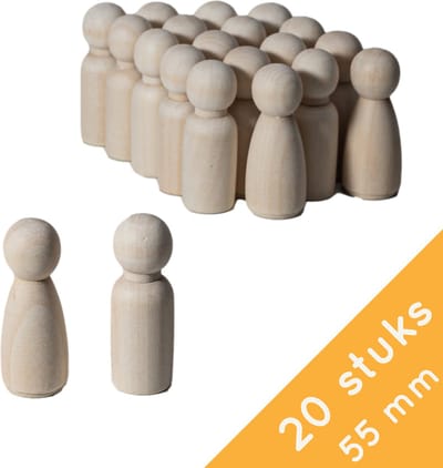 Homium Peg dolls 20 stuks man/vrouw - 53mm - Blanco houten poppetjes - pionnen - familieopstelling