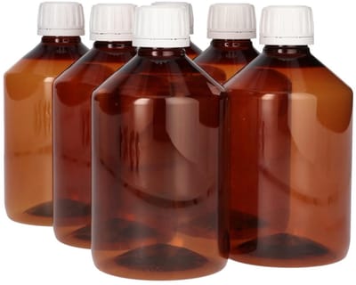 6 x 500 ml Pharma PET Fles Bruin met Garantiedop Wit- PET Kunststof BPA-vrij - Plastic Flessen Navulbaar - Met Dop - Lege Flessen - 6 stuks