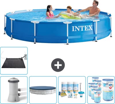 Intex Rond Frame Zwembad - 366 x 76 cm - Blauw - Inclusief Pomp Afdekzeil - Onderhoudspakket - Filters - Solar Mat