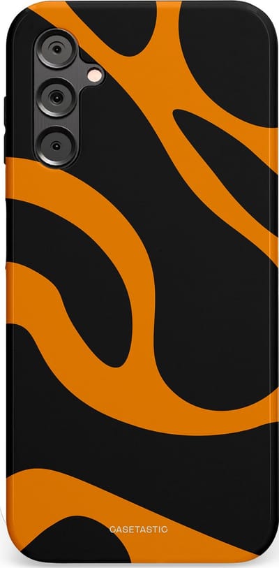 Casetastic hoesje geschikt voor Samsung Galaxy A14 (2023) 5G / Samsung Galaxy A14 (2023) 4G - Dubbellaagse bescherming - Katachtige Oranje Tijger Strepen - Fashion Case - Zwart Oranje