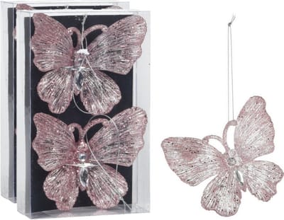 Christmas Decoration kersthangers vlinders - 4x - roze glitter - 15 cm