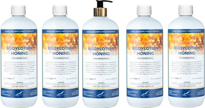 Bodylotion Honing 1 Liter - met gouden pomp - set van 5 stuks - Voordeelverpakking