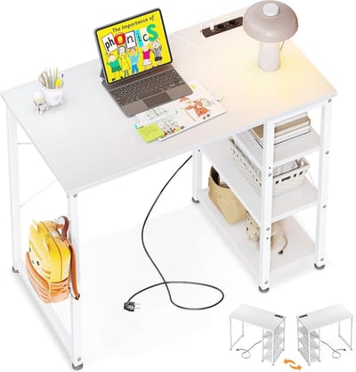 Klein Wit Bureau met Stopcontacten en USB-Oplaadpunten – Ruimtebesparende Computertafel voor Thuis en Kantoor