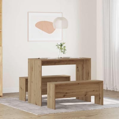 3-delig Eettafel en Bank Set van Bewerkt Hout