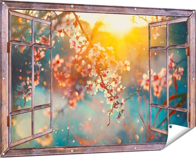 Gards Tuinposter Doorkijk Bloesemboom tijdens Zonsondergang - Bloem - 150x100 cm - Tuindoek - Tuindecoratie - Wanddecoratie buiten - Tuinschilderij