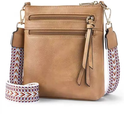Luxamore® Crossbody Dames Tas – Lichtbruin PU Leer | Telefoontasje met Brede Jacquard Band