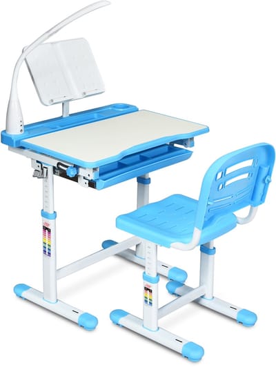 COSTWAY Kinderbureau, in hoogte verstelbaar, bureau voor scholieren met lamp, kindermeubel, kantelbaar, kindertafel met stoel, bureau met lade, kleurkeuze (lichtblauw)