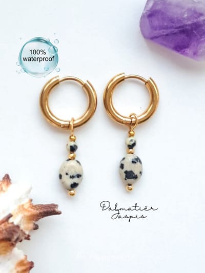 Edelsteen oorbellen dalmatiër jaspis, bohemian, handgemaakt, stainless steel, 100% waterproof, goudkleurig,evenwicht