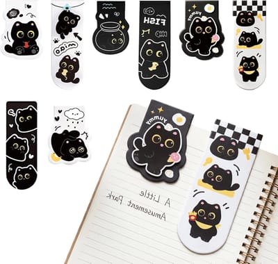 Set van 8 Magnetische Boekenleggers met Zwarte Kat, Schattige Cartoon Boekenleggers voor Kinderen, Ideaal voor School en Kantoor, Perfecte Cadeaus voor Kattenliefhebbers
