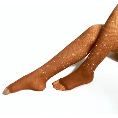 Glanzende Strass Visnet Panty's Open Teen Versterkt Katoenen Kruisje Mesh Panty Doorzichtig Elastisch Latijnse Dans Kousen XXXS brown