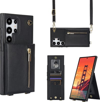 Geschikt Voor Samsung Galaxy S24 Ultra Hoesje Met Koord - Solidenz S24 Ultra Wallet Case Cover - Backcover Met Koordje - Cord Case - Lanyard - Hoesje S24 Ultra - Zwart
