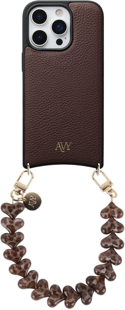 AVY Leren Hoesje Geschikt voor Apple iPhone 16 Pro | Compatibel met MagSafe | Leather Case met Telefoonkoord | Polsband | Chocolate | Cupid Leopard