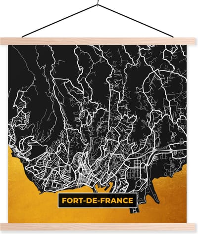 Posterhanger incl. Poster 40x40 cm - Schoolplaat - Fort-de-France – Plattegrond – Frankrijk – Kaart – Stadskaart - Textielposter - Blanke latten - Stadskaart
