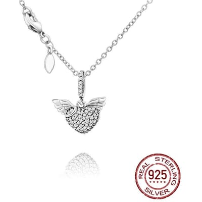 925 Sterling Zilver Pave Hart & Engelenvleugels Ketting Shooting Ketting Dames Vrouwelijke Sieraden Luxe Sprankelend Cadeau Vriendin white
