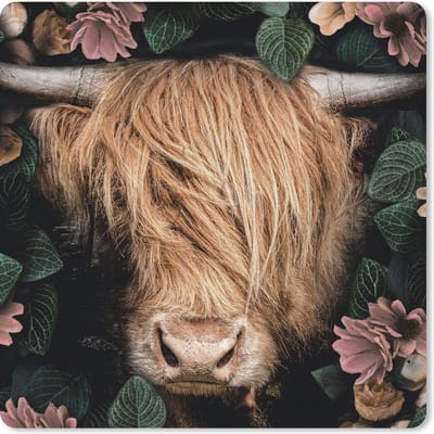 Muismat 20x20 cm - Mousepad Schotse hooglander - Bloemen - Koe - Muismatten