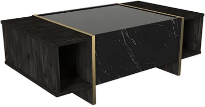 Vente-unique Salontafel met 1 deur en 2 niches - Zwart marmereffect, donker naturel en goud - CADEBA II