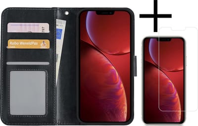 Hoesje - Met Screenprotector - Geschikt voor Apple iPhone 14 Pro - Luxe Pasjeshouder - Bookcase Portemonee - Flip Case - Kunstleer Book Case - Flipcase - Book Cover - Walletcase - Portemonneehoes - Zwart