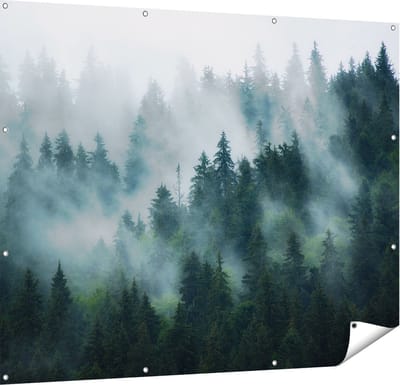 Gards Tuinposter Bos met Bomen in de Mist - 150x120 cm - Tuindoek - Tuindecoratie - Wanddecoratie buiten - Tuinschilderij