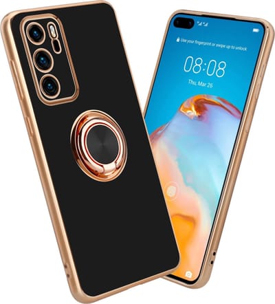 Cadorabo Hoesje geschikt voor Huawei P40 in Glossy Zwart - Goud met ring - Beschermhoes van flexibel TPU-silicone Case Cover met camerabescherming en magnetische autohouder