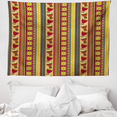 ABAKUHAUS Etnisch Wandtapijt, Patroon met Abstracte Folk- en Trommelmotieven, 150 x 110 cm, Meerkleurig