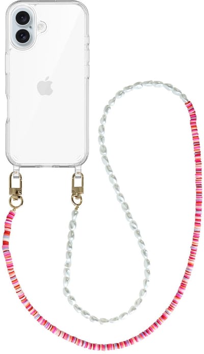 xoxo Wildhearts siliconen hoesje - Geschikt voor iPhone 17 hoesje - Island Girl - Telefoonhoesje - Hoesje met koord - Lange parelketting / kralenketting - lang telefoonkoord - Transparant hoesje (lange variant)
