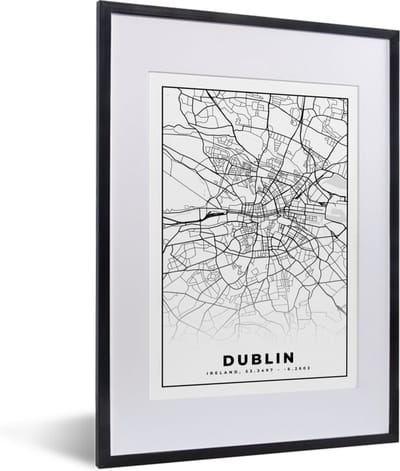 Fotolijst incl. Poster Zwart Wit- Dublin - Stadskaart - Zwart Wit - Plattegrond - Kaart - 30x40 cm - Posterlijst