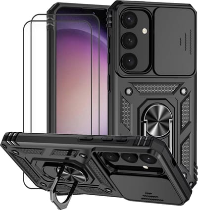 Casemania Hoesje/2x Glas Geschikt voor Samsung Galaxy S25 Plus - Zwart - Anti-Shock Hybrid Armor Back Cover - Hoes met Kickstand Ring en Camera Bescherming - Glazen Screenprotector