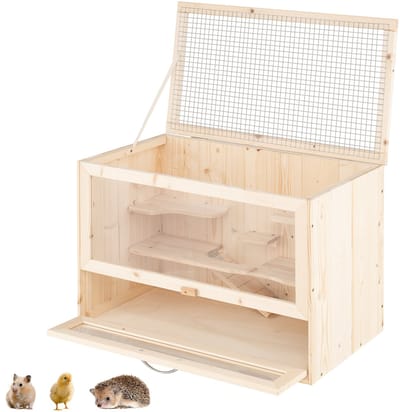 COSTWAY Hamsterkooi van hout, knaagdierenkooi met klapdeksel, multi-ladders, helling, acrylpaneel en afsluitbare deur, kooi voor kleine dieren, muizenkooi 60 x 35,5 x 42 cm