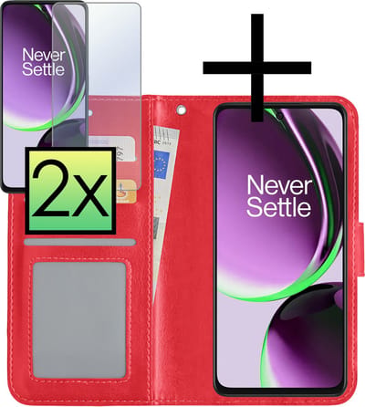 Hoesje - Met 2x Screenprotector - Geschikt voor OnePlus Nord CE 3 Lite - Luxe Pasjeshouder - Bookcase Portemonee - Flip Case - Kunstleer Book Case - Flipcase Hoes - Book Cover - Walletcase - Portemonneehoes - Rood