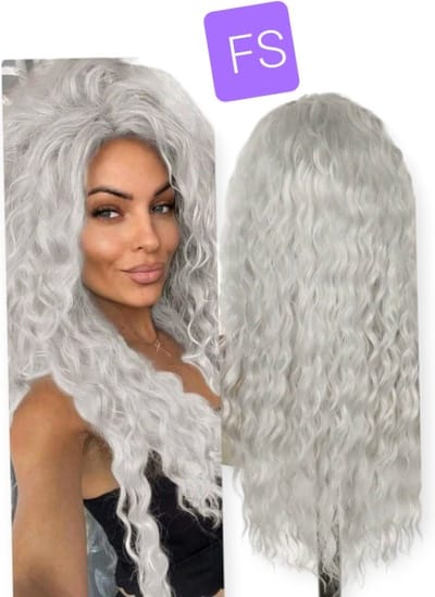 Frazimashop -Luxe lang Krul Dames Pruiken - 28 inch 70 cm Hitte Bestending Pruiken - lang Krullen pruik - Dames pruiken -Kleur ombre wit en silver